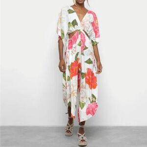 Farm Rio Cropped Floral Jumpsuit with Plunging V-Neckline. Large